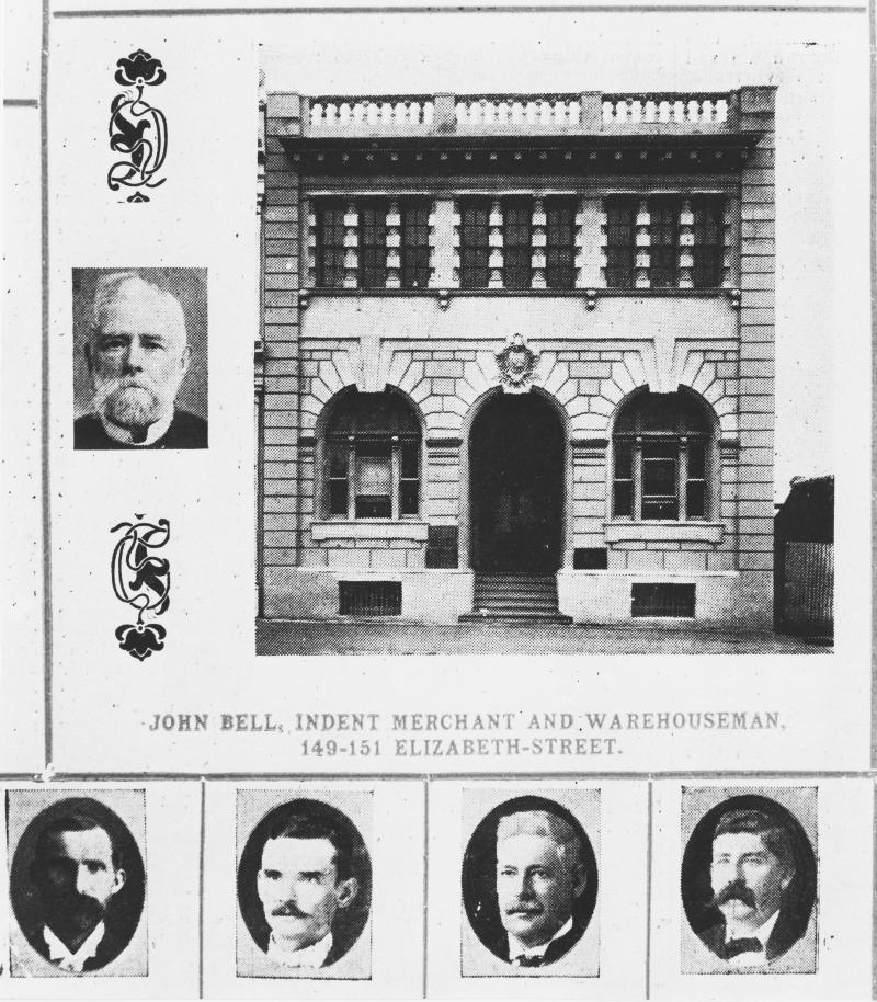 This is an image of ‘Building of John Bell, indent merchant and warehouseman, 149-151 Elizabeth Street, ca. 1903’, viewed from Elizabeth Street, Brisbane, looking south-east.