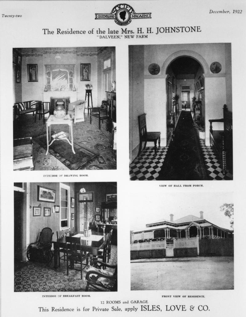 This is an image of ‘Interior views of Dalveen, on the corner of Annie and Kingsholme Streets, New Farm, 1922’, showing a sale notice from the December 1922 issue of Queensland Society Magazine.