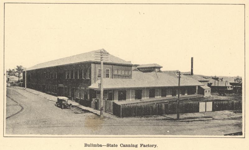 This is an image of ‘State canning factory in Newstead, ca. 1913’, viewed from the corner of Vernon Terrace and Dath Street, Teneriffe, looking west.