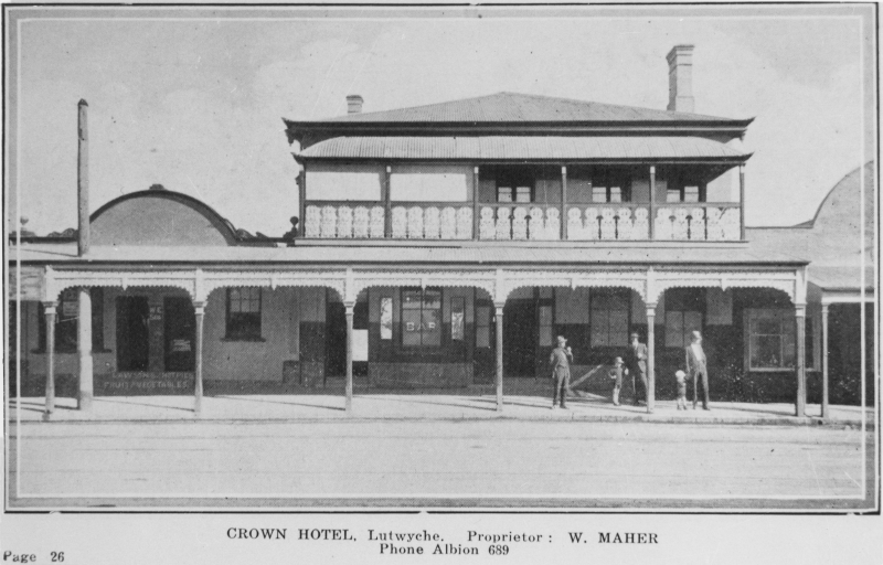 This is a view of 'Crown Hotel, Lutwyche, Brisbane, ca. 1925', looking west from the corner of Lutwyche Road and High Street, Lutwyche.