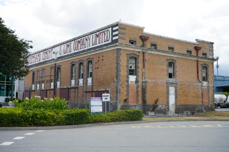 Three quarter view of the Queensland Cement and Lime Company powerhouse (former)