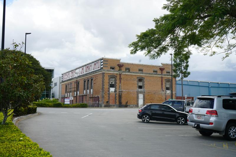 Three quarter view of the Queensland Cement and Lime Company powerhouse (former)