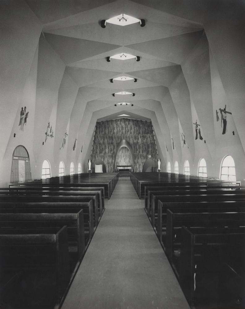 This is an image of ‘Interior of the Holy Family Catholic Church at Indooroopilly, Queensland’, c.1963