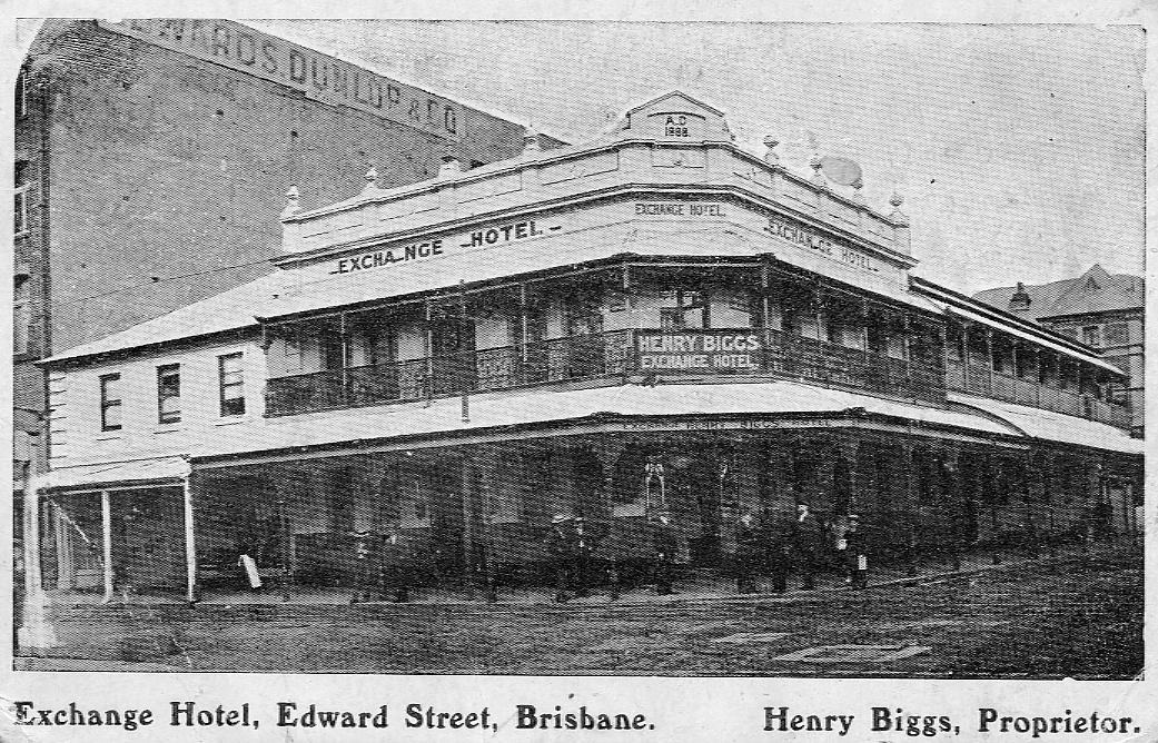 This is an image of ‘Exchange Hotel - Edward Street - Brisbane’, 6 January 1908, viewed from the corner of Edward and Charlotte streets, Brisbane, looking north.