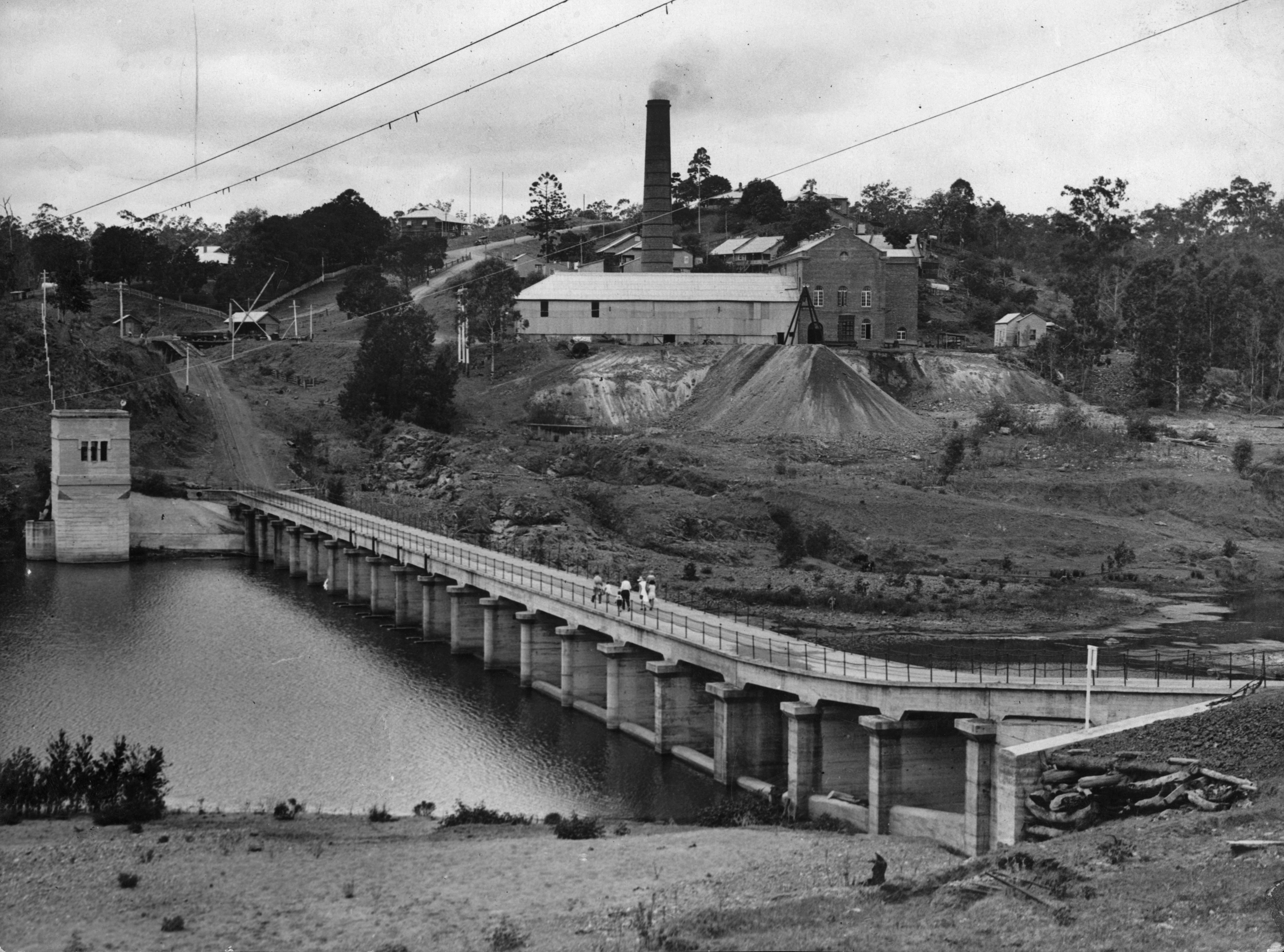 This is a historical image of the Pumping Station and Weir at Mount Crosby, Brisbane, Ca. 1934.