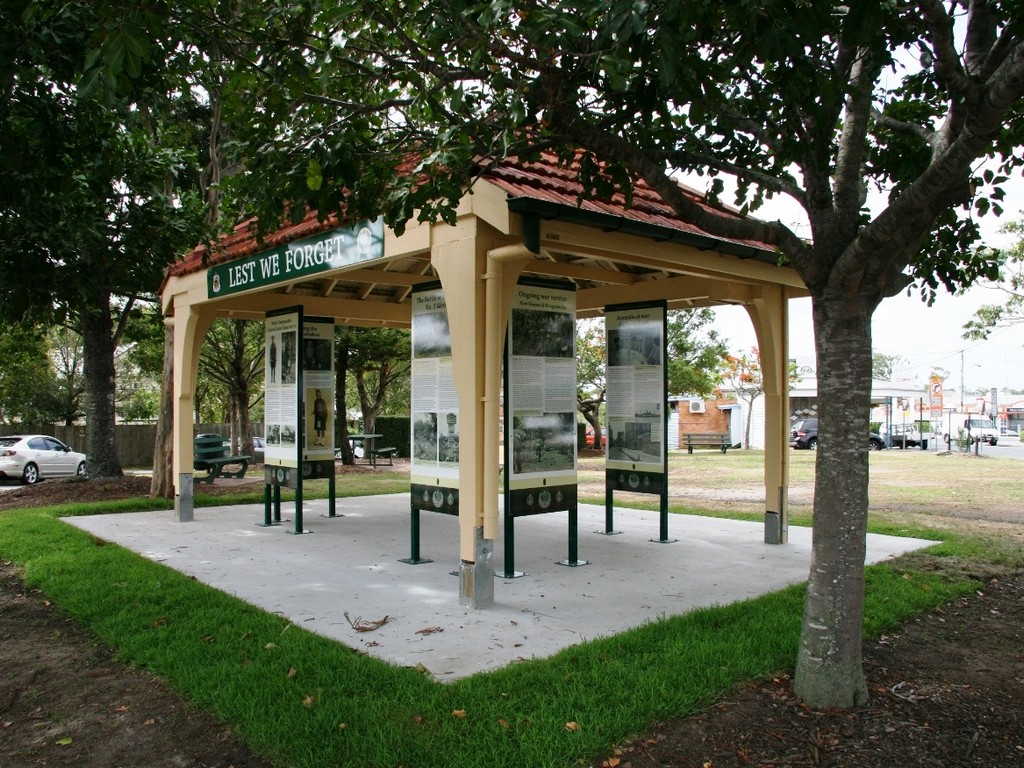 This is an image of the former Tram Shelter adaptively reused as a Memorial Shelter to honour the 61st Battalion Queensland Cameron Highlanders.