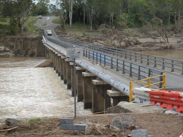 This is an image of the local heritage place known as Mt Crosby Weir & Old Bridge Foundations. Photograph taken just after the January 2011 flood.