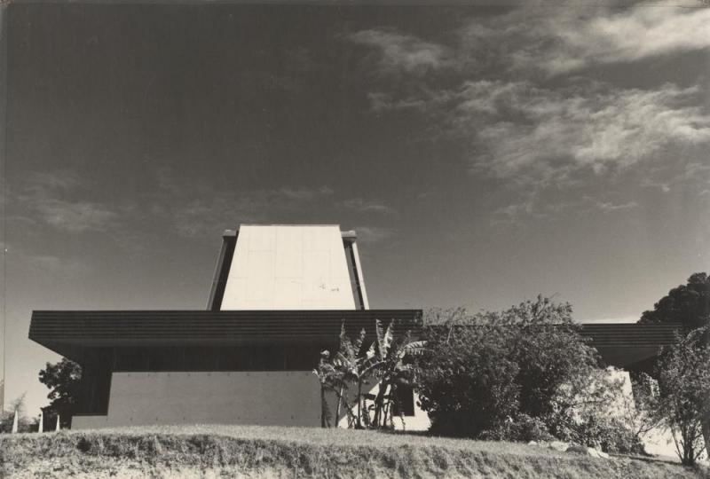 This is an image of 'Kenmore Presbyterian Church, Queensland', c.1968-1978, viewed from within the grounds of the church, looking north-west.
