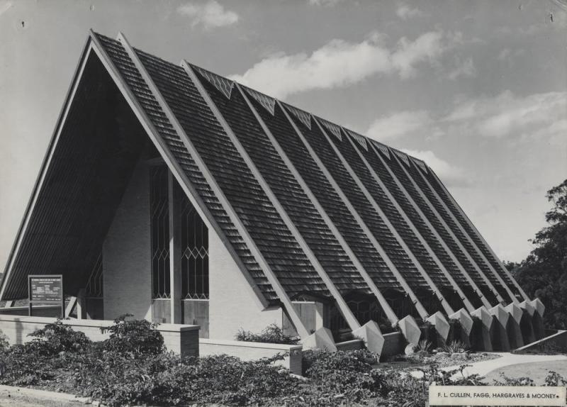 This is an image of ‘Memorial Church of our Lady of Mount Carmel at Coorparoo Queensland 1965', viewed from Cavendish Road, Coorparoo, looking north-east.