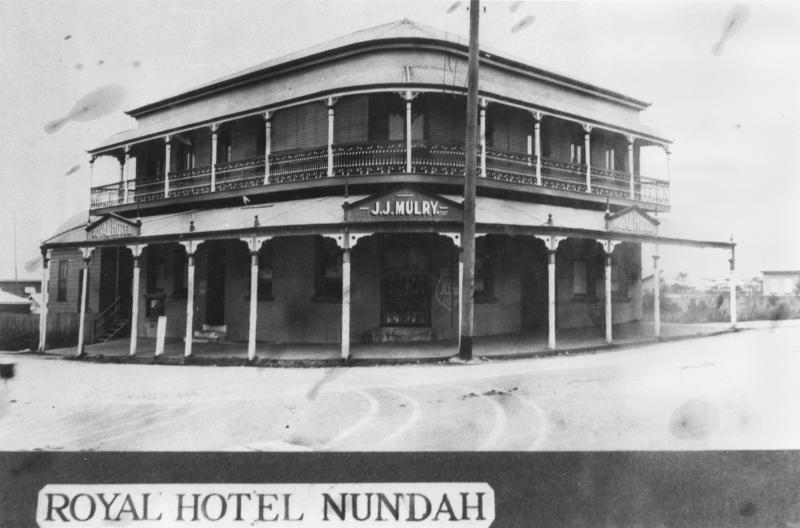 This is an image of ‘Royal Hotel, Nundah, ca. 1929’, viewed from the corner of Sandgate Road & Station Street, Nundah, looking east.