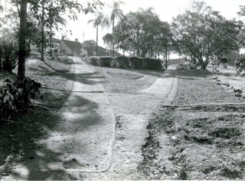 This is an image of ‘Hardgrave Park, Petrie Terrace, 1949’, viewed from the corner of Countess and Secombe streets, Petrie Terrace, looking north-west.