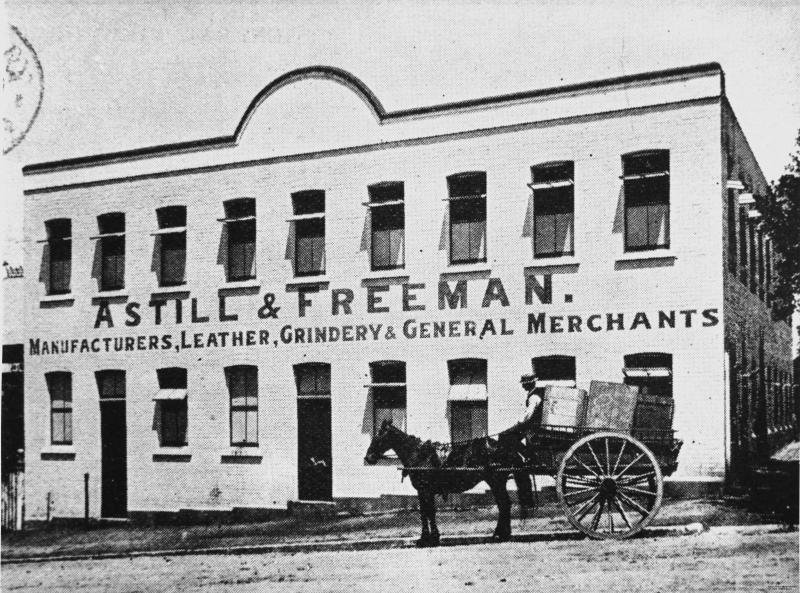 This is an image of ‘Astill & Freeman's leather factory, South Brisbane, 1900’, viewed from Cordelia Street, South Brisbane, looking south-west.
