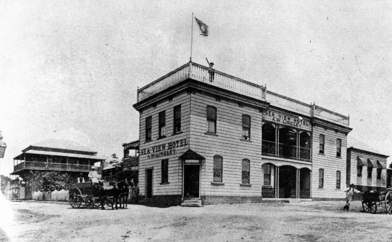 This is an image of ‘Sea View Hotel and Dining Room - corner Pier Avenue and Seaview Lane - Shorncliffe - 1885', viewed from the corner of Pier Avenue and Seaview Lane, Shorncliffe, looking south-west.