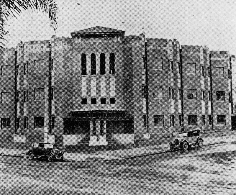 This is an image of ‘Coronet Flats in New Farm, Brisbane, 1933’, viewed from the corner of Brunswick Street and Elystan Road, New Farm, looking south-east.