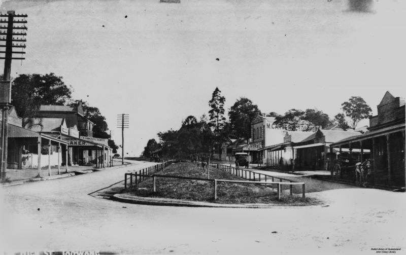This is an image of ‘High Street, Toowong, Brisbane, Queensland, ca. 1917', viewed from the intersection of High Street and Sherwood Road, Toowong, looking south-west.