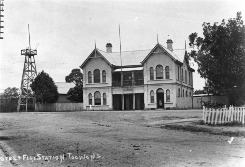 This is an image of ‘Early view of the Royal Exchange Hotel, Toowong, ca. 1908’, viewed from near the intersection of Sherwood Road and High Street, Toowong, looking south-west.