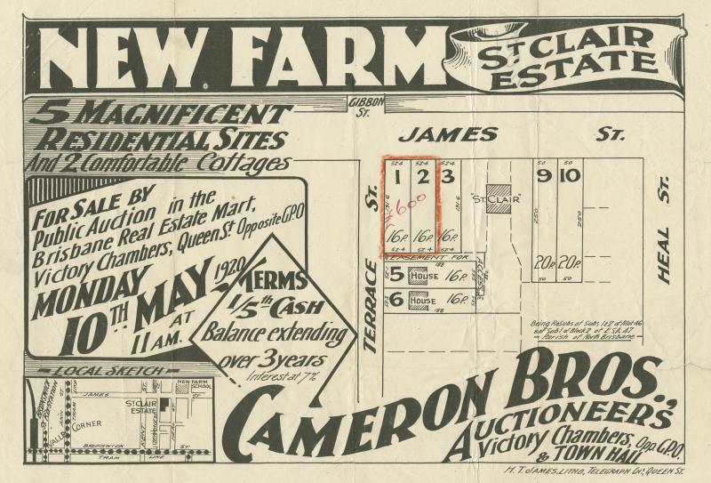 This is an image of ‘St. Clair Estate, New Farm’, a subdivision plan advertising the sale of five residential allotments at the corner of James and Terrace streets, New Farm on 10 May 1920.