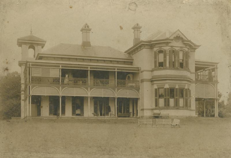 This is an image of ‘Morven, a Shorncliffe residence, Queensland, ca. 1912’, viewed from the grounds of the house fronting Park Parade, looking east.