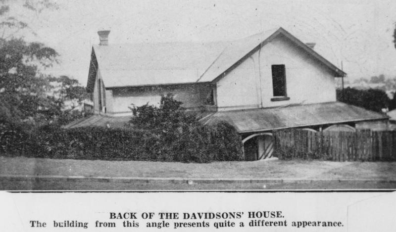 This is an image of ‘Rear of Davidson's house, originally constructed in the 1860s by Robert Davidson, North Quay, Brisbane, 1931’, viewed from its rear entrance to Quay Street, Brisbane, looking south-west.