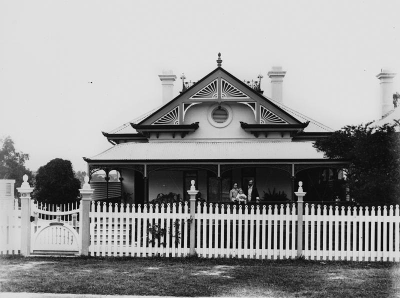 This is an image of the residence 'Kent', then known as 'Cahoes', c.1904, viewed from Moreton Street, New Farm, looking south-east.