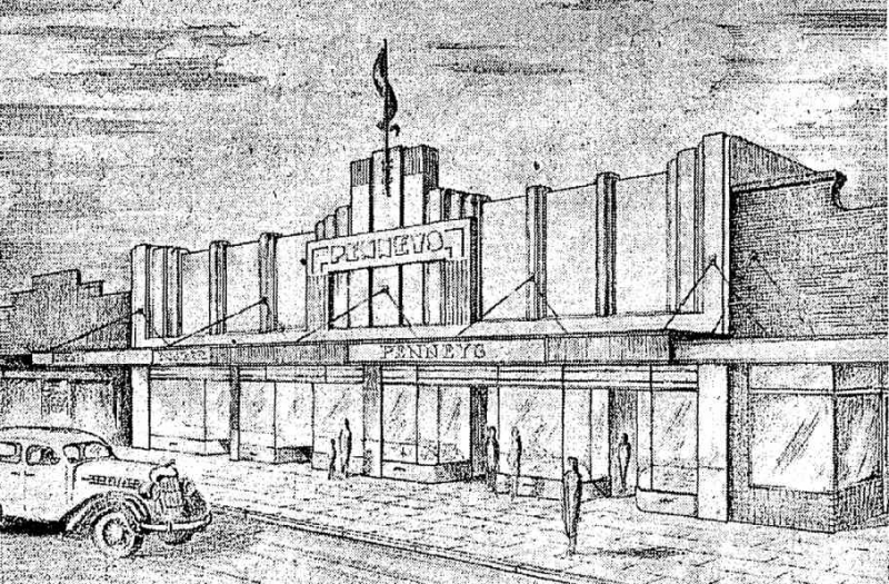 This is an image of ‘Penney's Building, Stone's Corner', c.1938, an architectural sketch perspective of the proposed facade of the heritage place, looking south