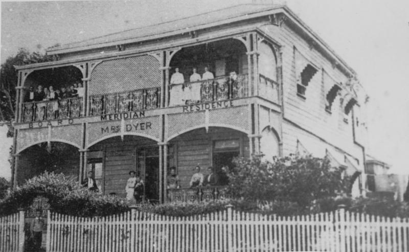 This is an image of ‘Mrs Dyer's boarding house, Meridian, in Lower Esplanade, Sandgate, Brisbane’, undated, viewed from Flinders Esplanade, Sandgate, looking south-west.