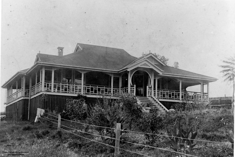 This is an image of ‘Brisbane residence, 'Monahilla', at Newmarket, 1900', viewed from the front garden of the heritage place, looking south-east.
