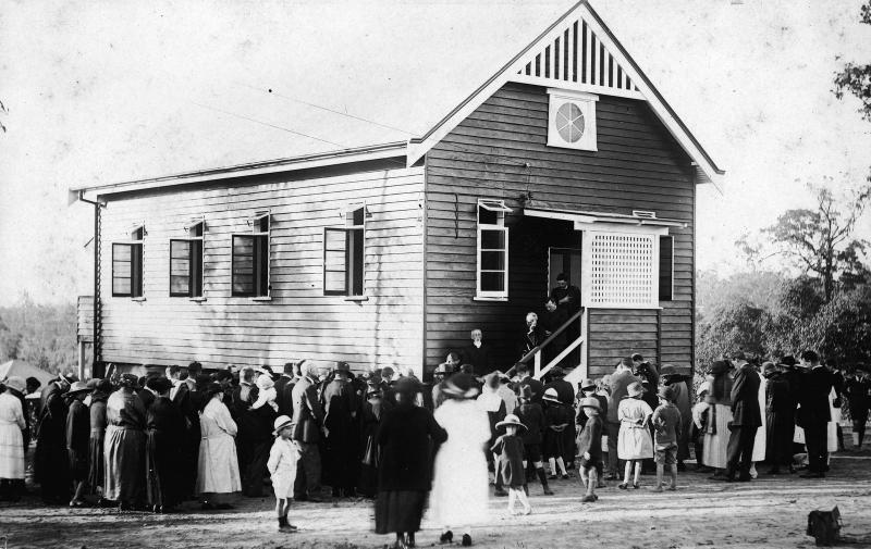 This is an image of ‘Official opening of Darra Methodist Church on 9 August, 1924’, looking north-east from Lee Road.